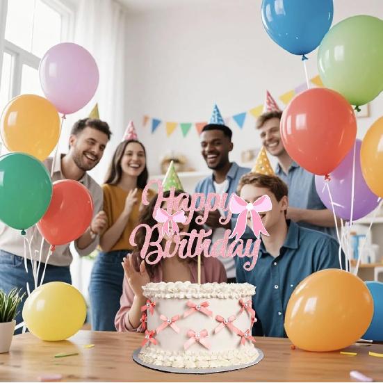12Pcs Mini Pink Bow And Pearl Cake Toppers, 1 Pc Happy Birthday Sign,Coquette Cake Toppers for Pink Bow Birthday Decorations, Baby Shower, Bridal