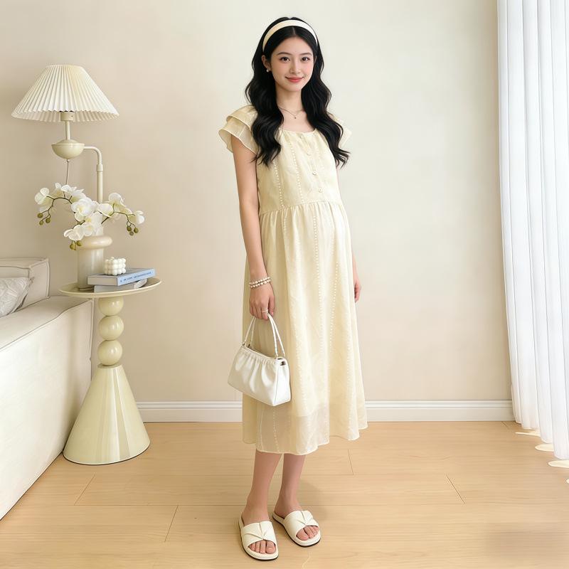 2026 Summer Double-Layer Jacquard French Retro Maternity and Nursing Dress XL