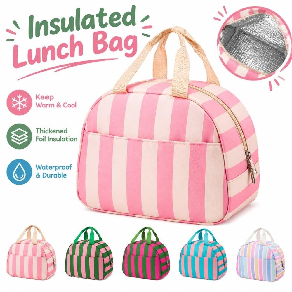 Practical Striped Pattern Insulated Lunch Bag Large Capacity Handheld Lunch Box Bag Fresh-Keeping Leakproof Mommy Bag