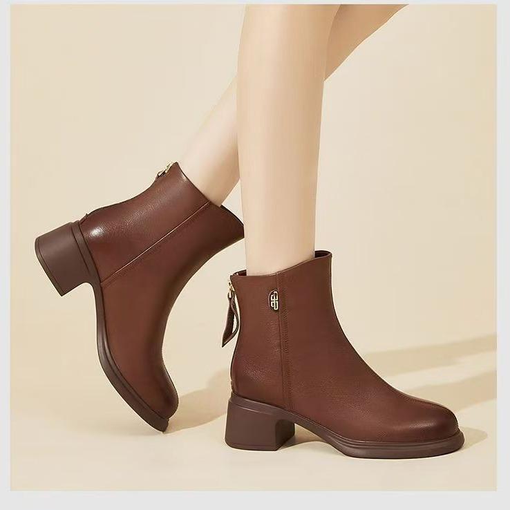 Brown Boots Women's Soft-faced Soft-soled Real Soft Leather Short Boots Versatile Thin Boots Spring and Autumn Women's Shoes 2024 Thick Heels Hi