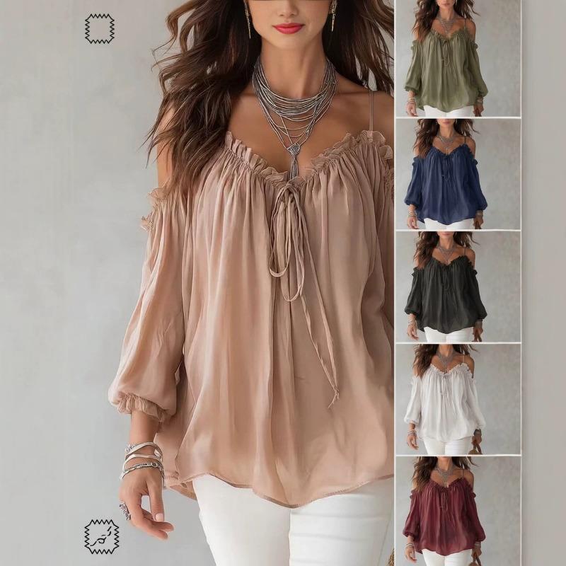 Camicetta Casual da Donna S con Collo Arricciato e Maniche Lunghe