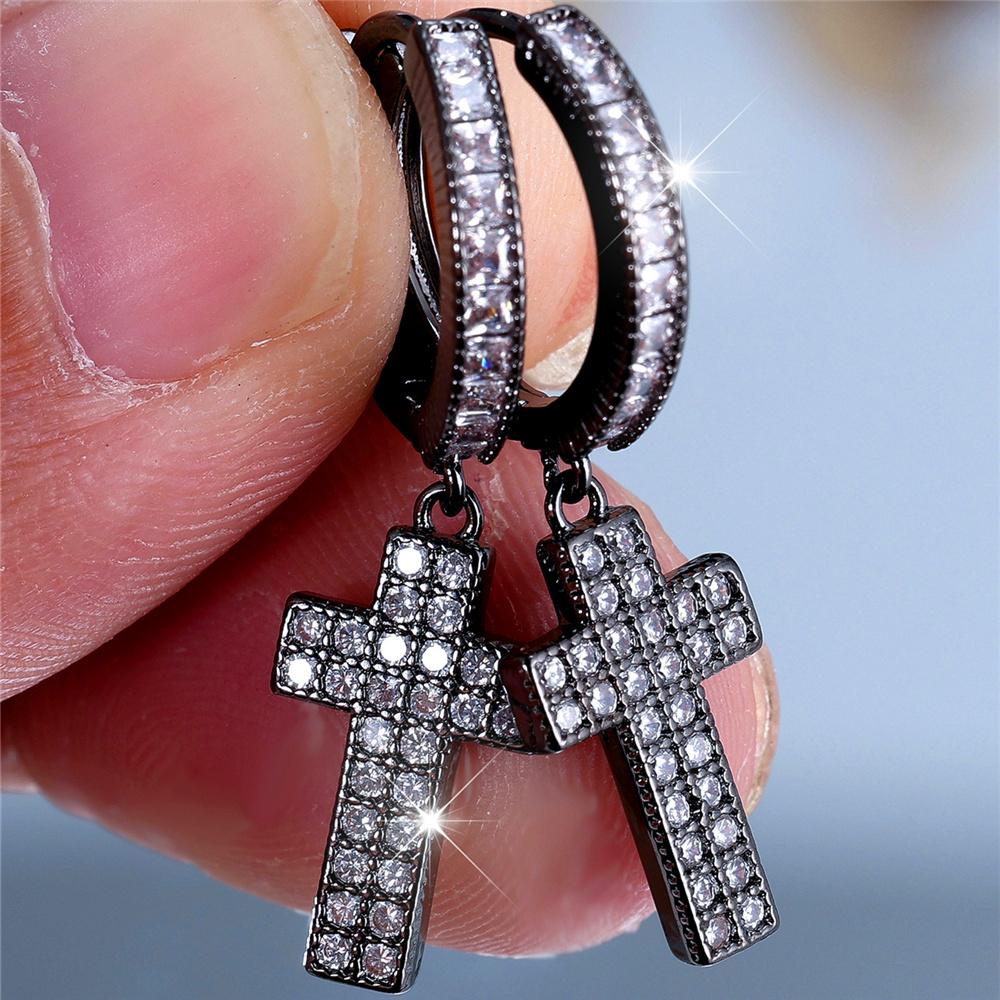 Charm Female Small White Round Zircon Cross Hoop Earrings Vintage Silver Color Simple Wedding  For Women