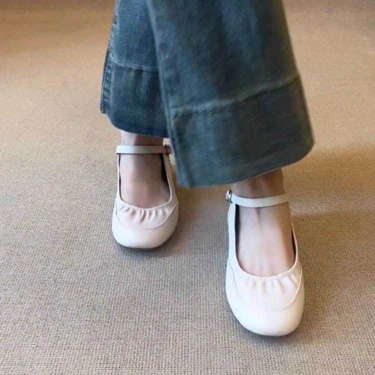 Sheepskin version~ Niche design simple round head Mary Jane shoes women's new models are not tired of commuting versatile flat-soled single shoes