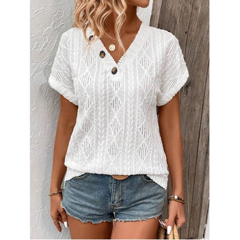 

Summer New V-neck Short Sleeve Blouse Women Clothing Hollow Out Shirt Lace Sweet Buttons Simple Casual Loose Top Simple T-shirt Solid Color Clothing S белый