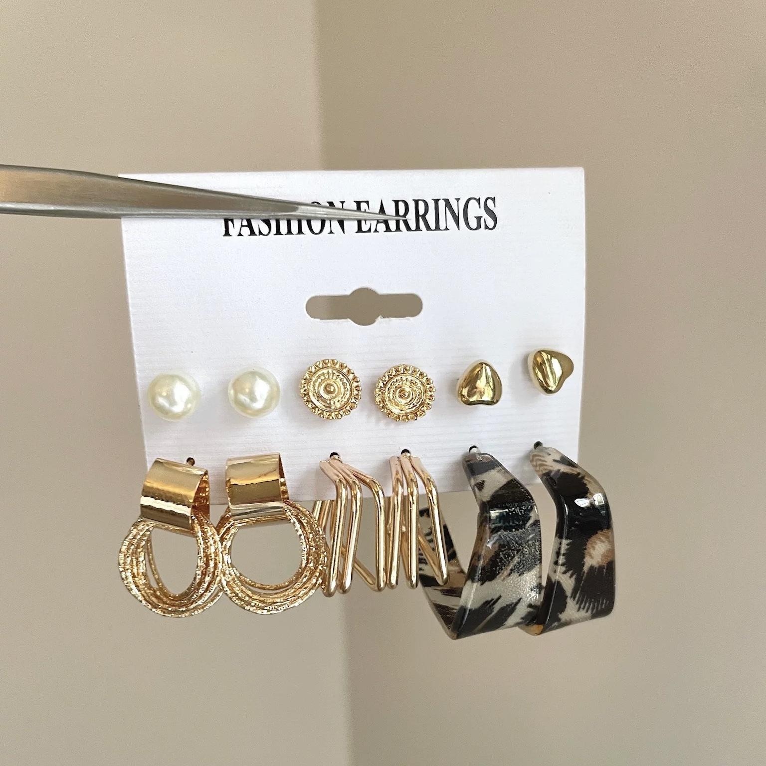 

Six-piece set of pearl simple fashion earrings set French retro Hong Kong style stud earrings niche light luxury high-end earrings