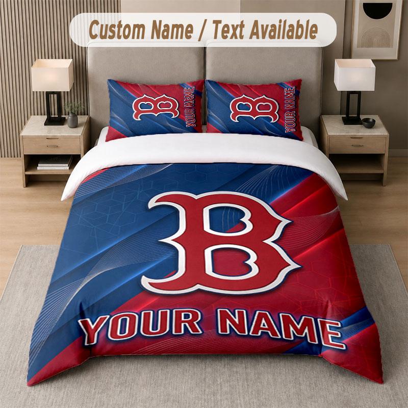 Custom Bedding Set Boston Red Sox Pattern, Print Name Text 1 Duvet Cover Plus 2 Pillowcases Home Textile