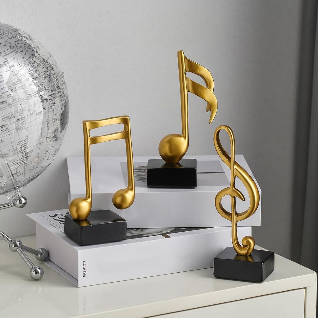 3 Pieces Gold Music Note Decor Sculptures Home Decor for Shelf Decor Aesthetic Resin Gold Music Note Statue Table Decorations for Living Room Office
