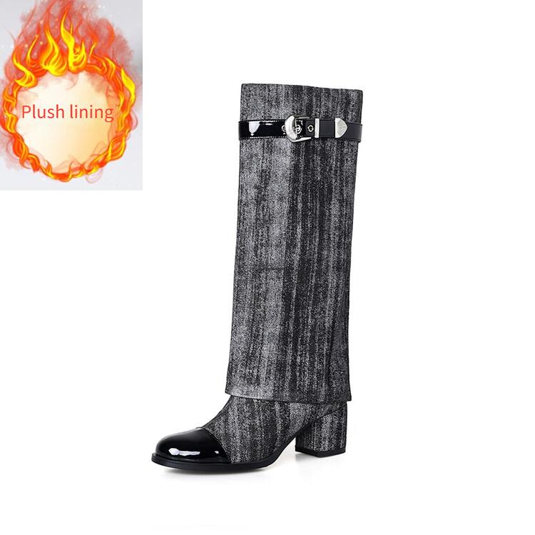 Módní značka Hovězí kůže+denim Kožená přezka Dlouhé kozačky Podzim Zima Kořeněné dívky 5,5cm Vysoké podpatky Módní Kozačky po koleno Dámské Denimové kozačky 44