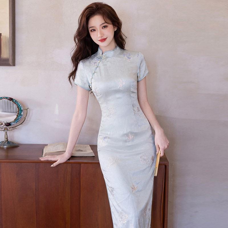 Elegant Blue Embroidered Modern Cheongsam Dress Long Sleeveless Vintage Style Women 2026 Small