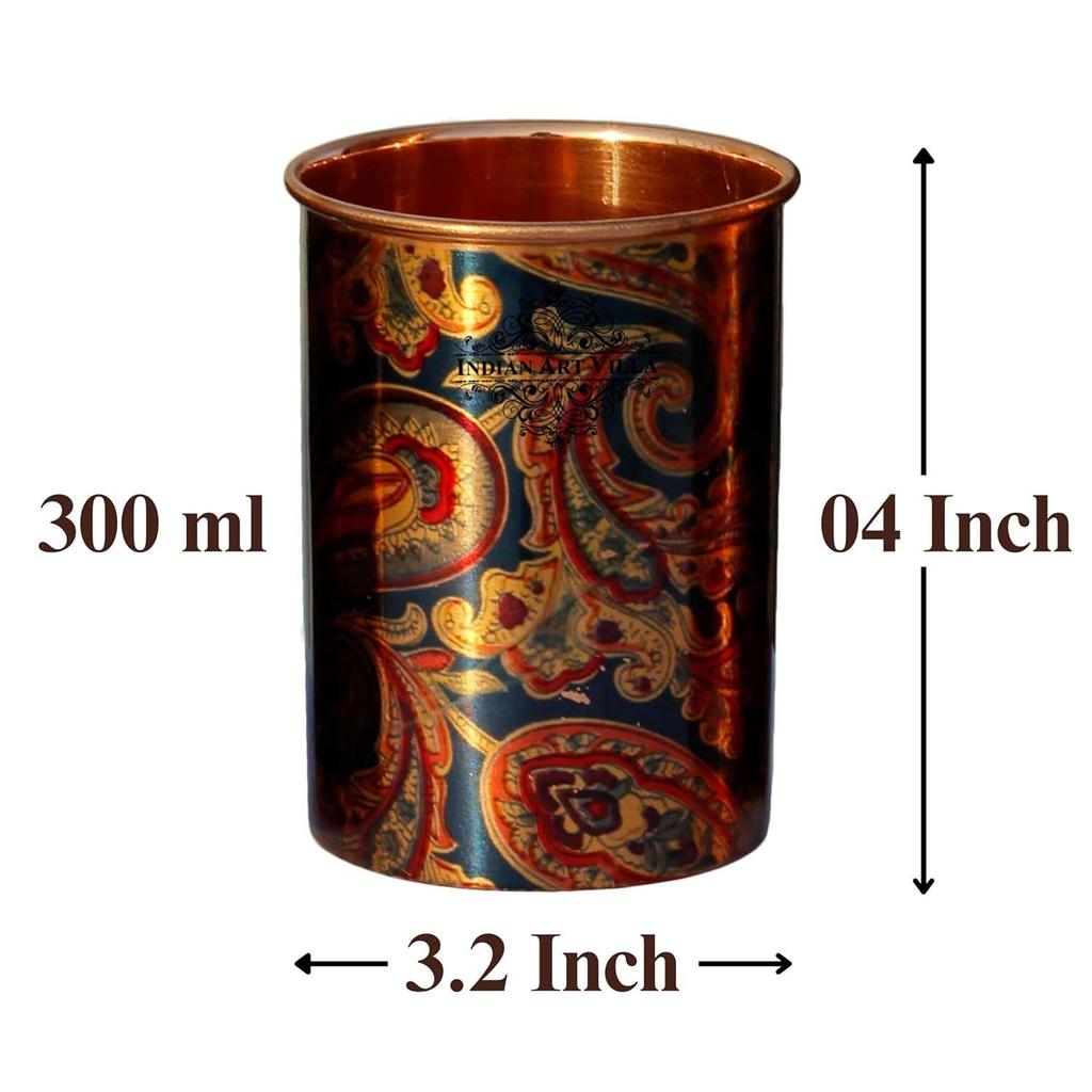 Printed Copper Glass Tumbler, 275 ML, Set of 4, Blue Drinkware & Serveware for Home, Ayurveda Benefits, Stylish Design for Healthy Living