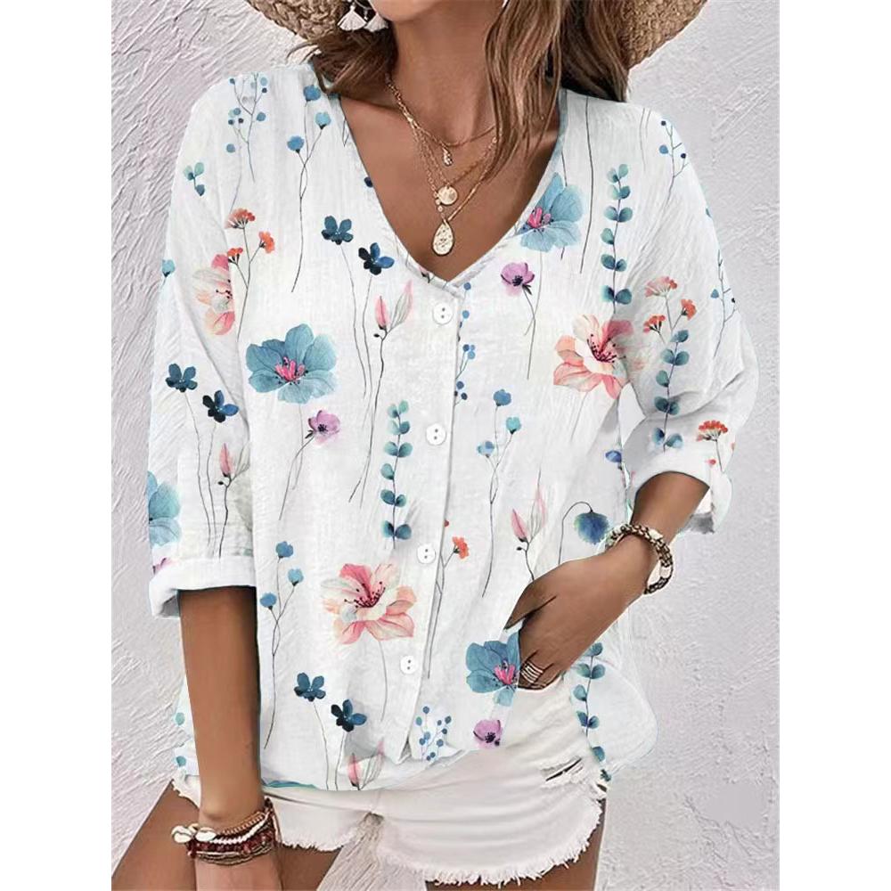 Fashion Women's Spring and Autumn Shirt Long-sleeved V-neck Loose Casual Printed Cardigan Long-sleeved Top