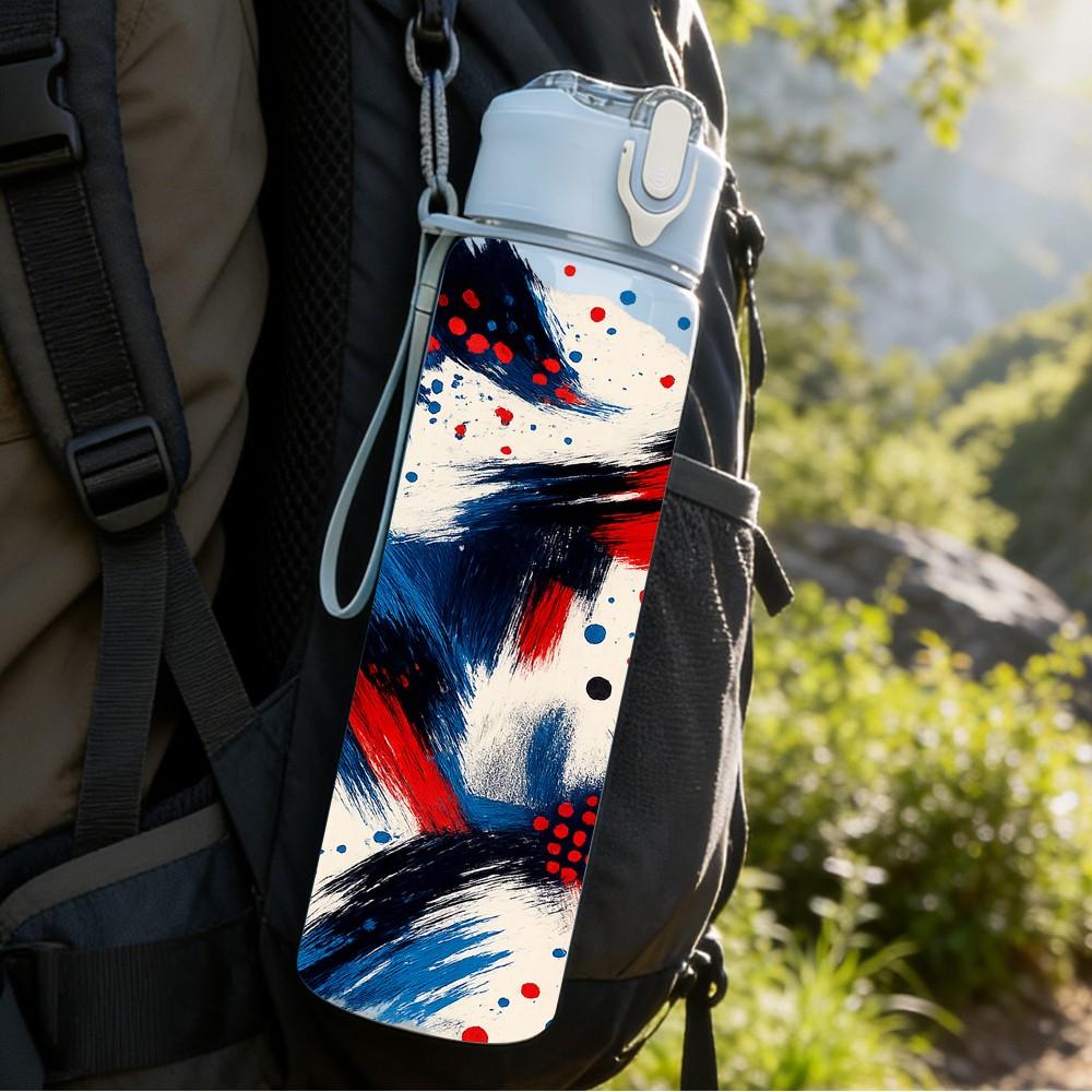 1PC Red Blue White Abstract Swirl Print 750ml Color Plastic Sports Water Bottle Leakproof Flip Straw Lid Suitable for Sports Office Home Use