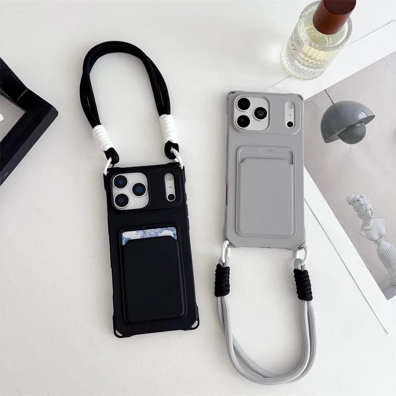 Short Rope Lanyard Phone Case For iPhone 17 Air 16 15 14 Plus 13 12 Mini 11 Pro Max X XR XS Max Card Clip Wallet Soft TPU Cover