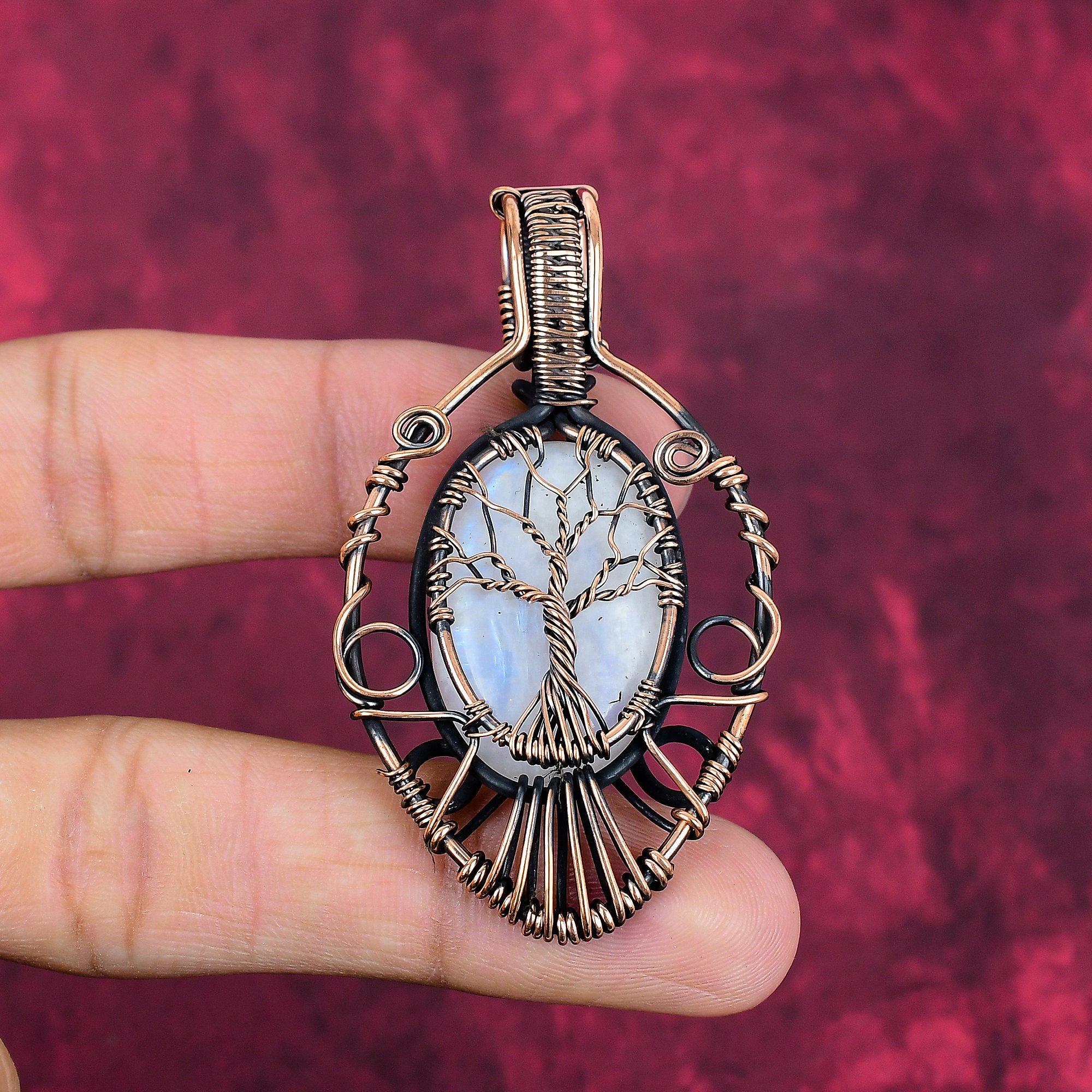 Tree Of Life Rainbow Moonstone pendant Copper Wire Wrapped Gemstone Jewelry