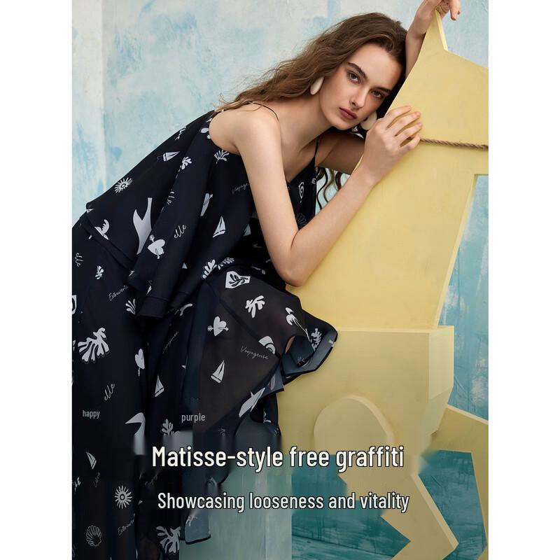 ELLE Women's Ruffle Print Chiffon Strap Maxi Dress