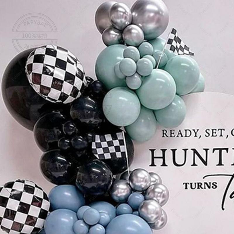 109Pcs Race Car Theme Balloon Garland Arch Kit Blue Black Latex Balloons Checkered Flag Boy's Birthday Party Baby Shower Decor