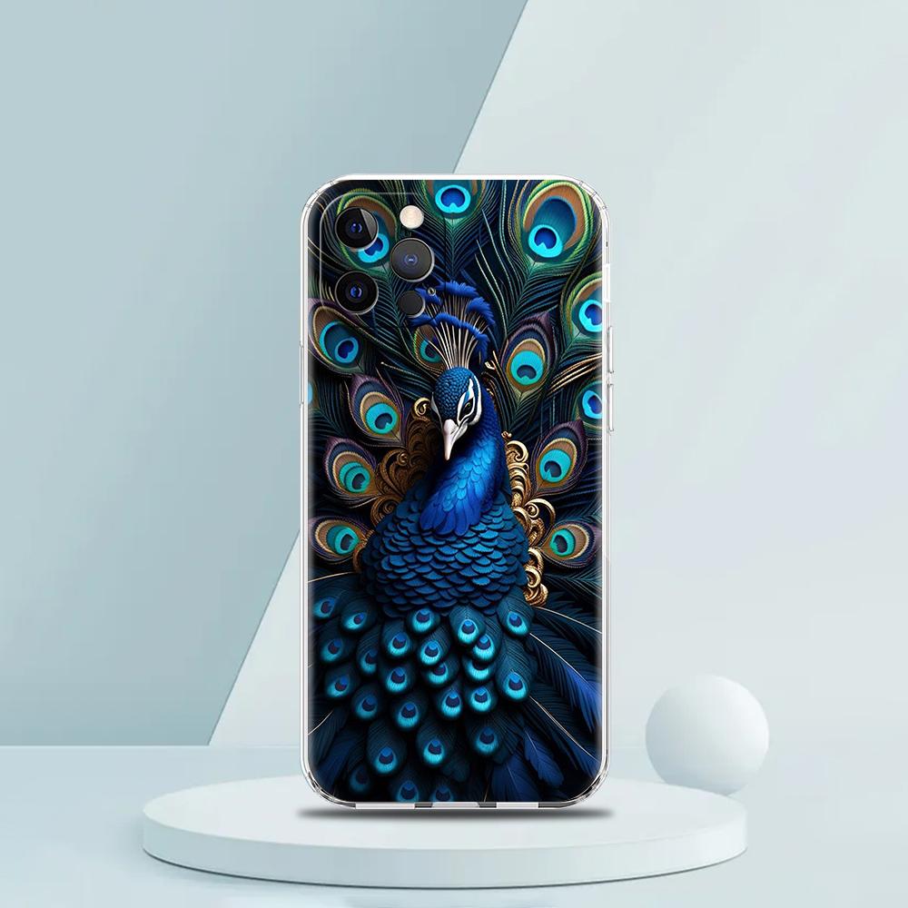 Soft TPU Transparent Phone Case Cover for iPhone 16 15 14 13 12 11 Pro Max XR 8 7 Plus XR Shell Animal Cute Peacock Pattern Bags