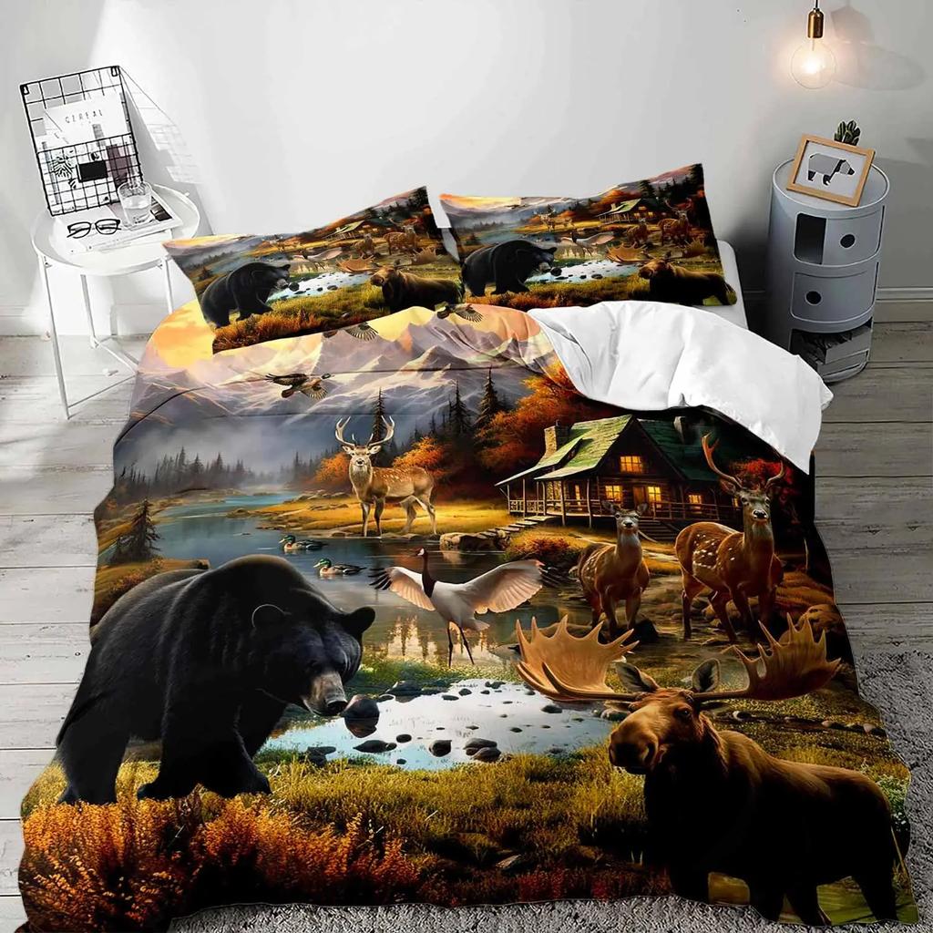 Black Bear Deer Bedding Set Woodland Animals Elk Moose Wildlife Hunting Country Lodge Cabin Duvet Cover Set Queen Comfortable