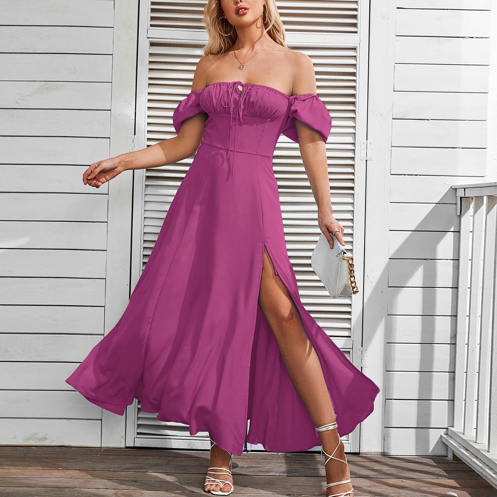 European and American summer French dress, women's bubble sleeve solid color high split skirt