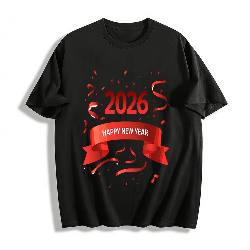

2026 Happy New Year Festive Print Casual Unisex Top Pure cotton T-shirt XXS