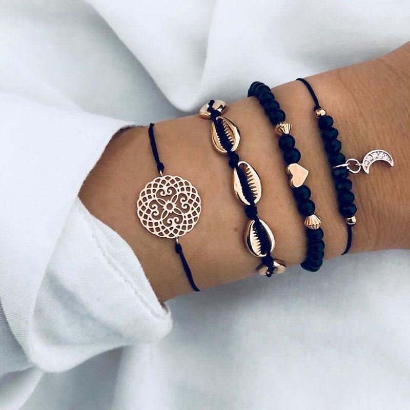 SUMENG Bohemian Black Beads Chain Bracelets Bangles For Women Fashion Heart Compass Rope   Sets Jewelry 2025 Gifts