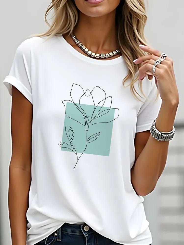 Plus Size Printed Women T Shirts O-Neck Heart Flowers Short-Sleeves Tops