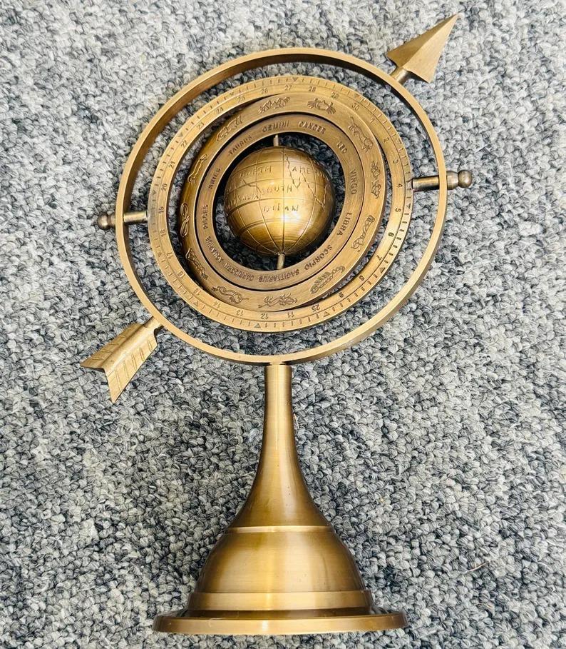 Brass Armillary 10'' Sphere With Arrow Nautical Maritime Engraved Globe Rashi