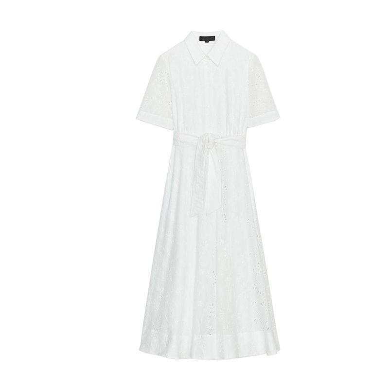 Summer New Product Women's Clothes with Belt Flip Collar Cut Out Embroider Shirt Short Sleeve Dress 8223087