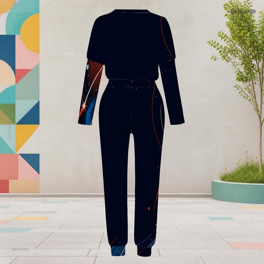 Women Plus Size Two Piece Set Round Neck Long Sleeve Galaxy Printed Cuffed Top And Pants With Pockets