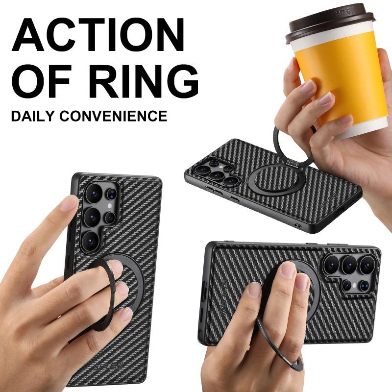 Per Samsung S25 Ultra Custodia in Pelle Fibra di Carbonio Ricarica Wireless Per Galaxy S24 Plus S23 Staffa Rotante a 360° Copertura Magnetica