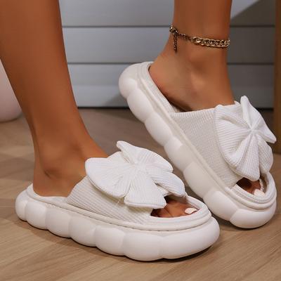 Modische weiße Hausschuhe mit Schleife für Damen, offene Zehen, dicke, weiche Sohle, Plateau-Schuhe, Damen-Komfort, Indoor-Haus-Leinenschuhe
