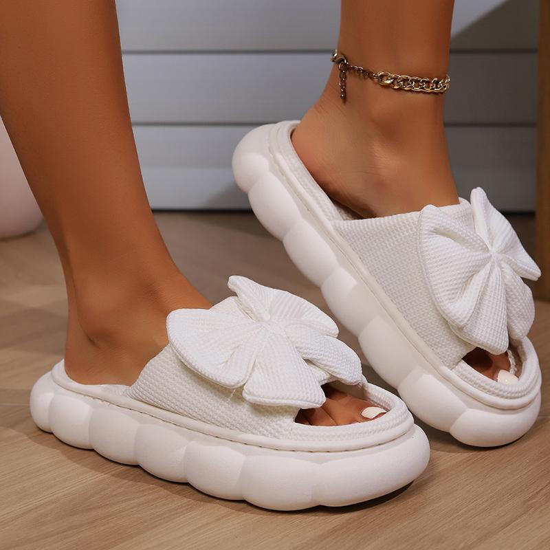 Fashion Fashion White Bowknot Home Slippers for Women Open Toe Thick Soft Sole Platform Shoes Woman Comfort Indoor House Linen Slippers