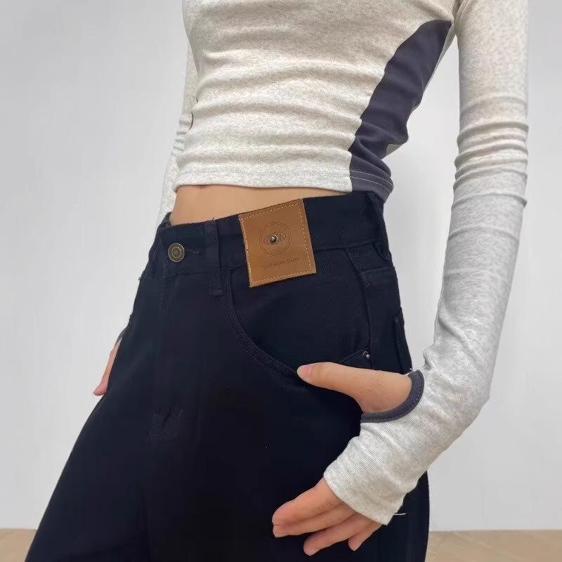 Women's High-Waist Black Straight-Leg Jeans: Casual, Slimming, Wide-Leg Pants for an American High Street Look
