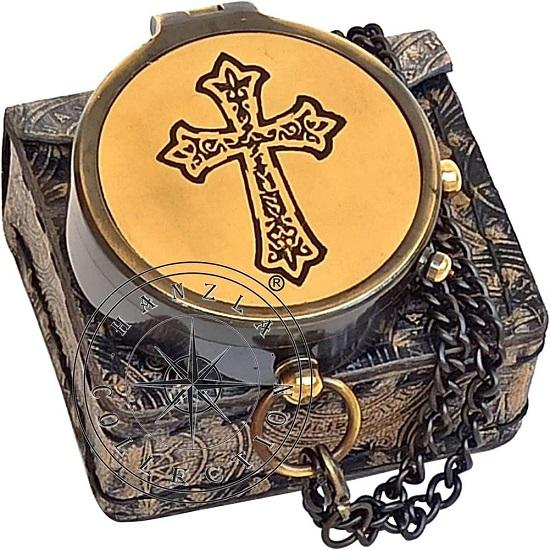 Brass Magnetic Compass, Engraved Camping Compass, Pocket Gift Compass with Stamped Leather Carry Case