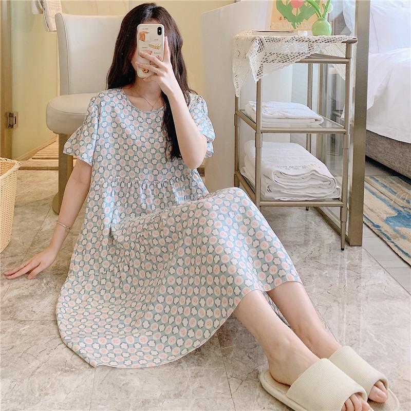 Cotton and Silk Nightgown Women's Summer Short-sleeved Large-size High-end Printed Maternity Pajamas Can Be Worn Outside Long Loungewear