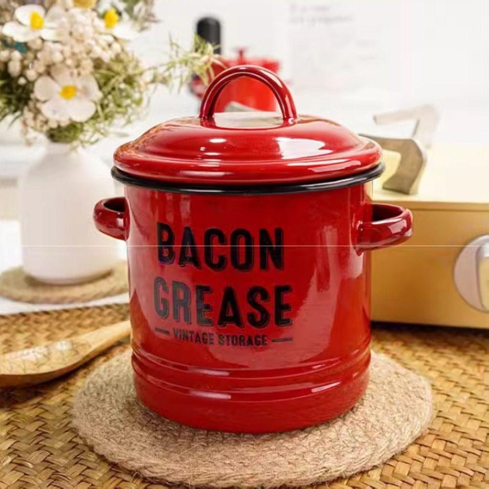 2 Handles Bacon Grease Container Lid Enamelware Cup 2025 Seasoning Storage Tank
