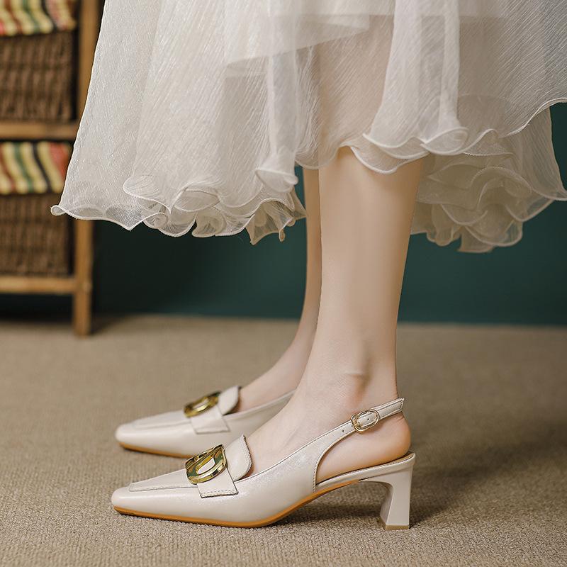 Pantofi cu toc înalt cu vârf pătrat, cu temperament, cu toc gros, pantofi simpli, nou, piele, vârf acoperit, sandale goale