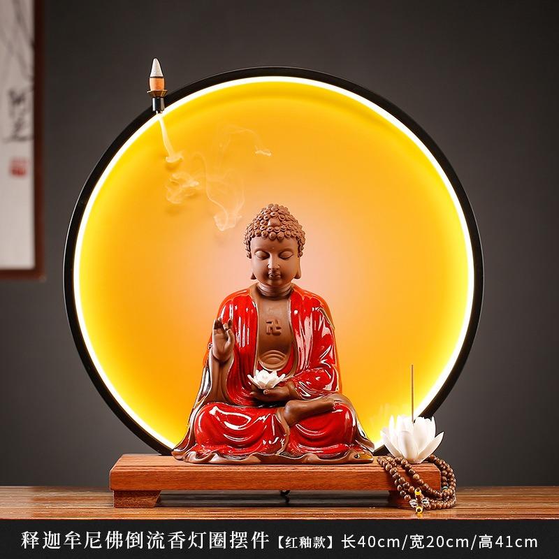Home Decor Buddha Statue of The Great Sun Buddha Shakyamuni LED Light Circle Decorations Ornaments Backflow Incense Burner
