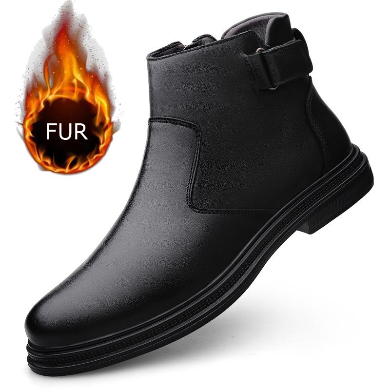 Fashion Platform Black Round Head Chelsea Boots Heel Zipper Design Short Boots Mens High Top Leather Shoes Motorcycle Boots Men Shoes