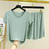 Nuovo due pezzi estivo in seta ghiacciata: Top a maniche corte con scollo a V e pantaloni casual drappeggiati a gamba larga