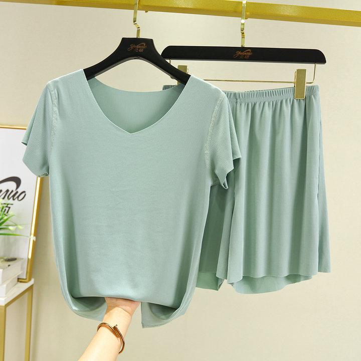 Nuovo due pezzi estivo in seta ghiacciata: Top a maniche corte con scollo a V e pantaloni casual drappeggiati a gamba larga