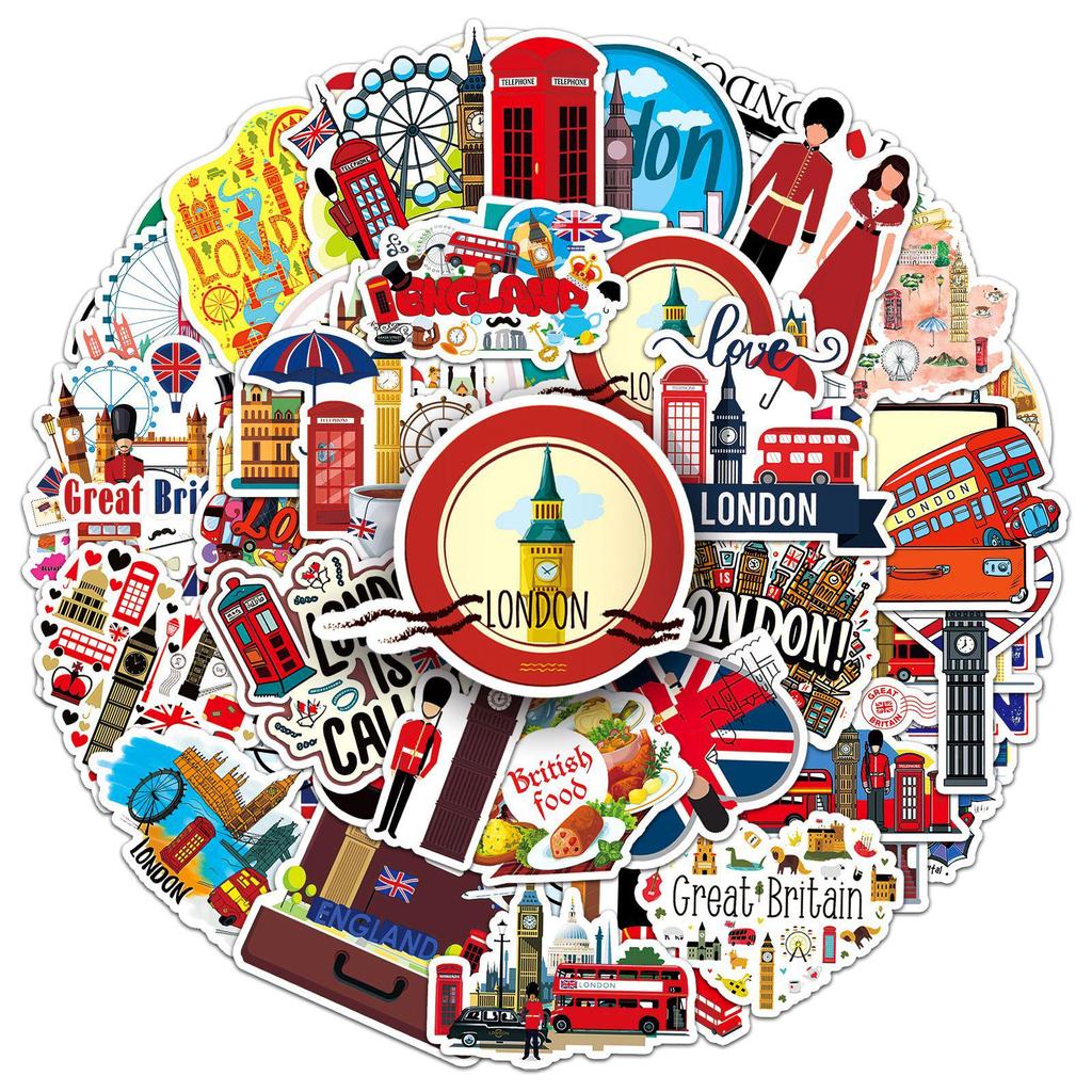 50 UK Cartoon Outdoor Scenery Travel Journal Waterproof Stickers, Decorative DIY Set