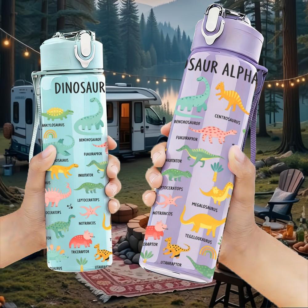 1PC Cute Dino Seamless Pattern Print 750ml Color Plastic Sports Water Bottle Leakproof Flip Straw Lid Suitable for Sports Office Home Use