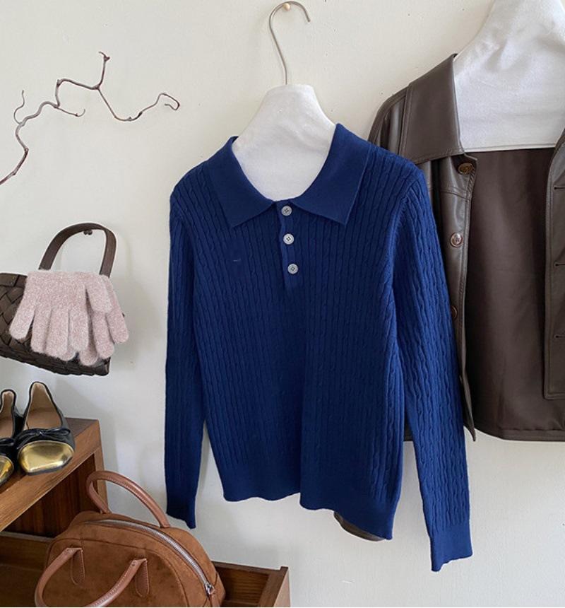 Polo Collar Long-sleeved Embroidered Twist Knitted Sweater for Women 1116 Autumn Soft Waxy Casual Foreign Style Bottomed Top for Women