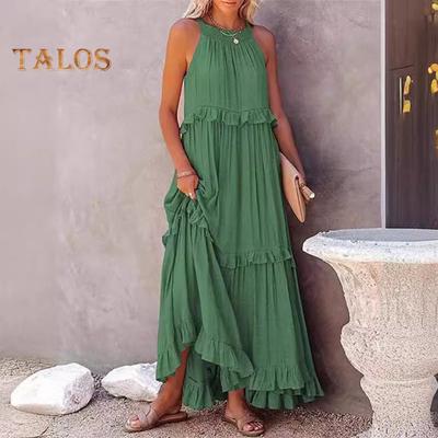 Dames Zomerjurk Ruche Halternek Mouwloos Los Effen Kleur Geplooid Off Shoulder Patchwork Vakantie Strand Maxi Jurk