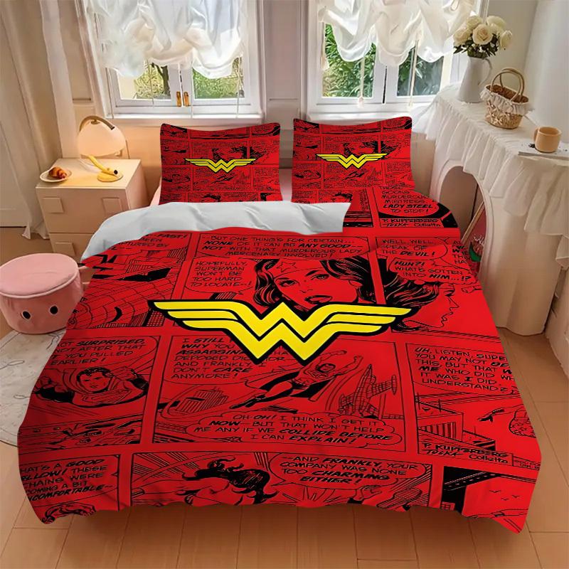 3pcs Wonder Woman Bedding Set, Soft Polyester Duvet Cover and Pillowcases Machine Washable Seasons All Suitable & Guest Room Decor250