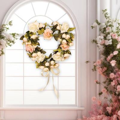 Heart Shaped Wreath Valentines Day Front Door Flower Decor,Outdoor Romantic,Artificial