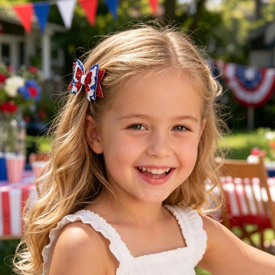 Independence Day Bow Hair Clip, Double-Layered Red White Blue Glitter Bow Hair Pin, Non-Slip Clip for Holiday Party Accessory