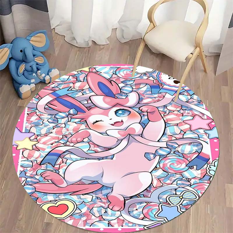 Kawaii Sylveon Theme Round Area Rug Pink Fairy Pattern Circular Rug Kids Girls Bedroom Gamer Room Decor