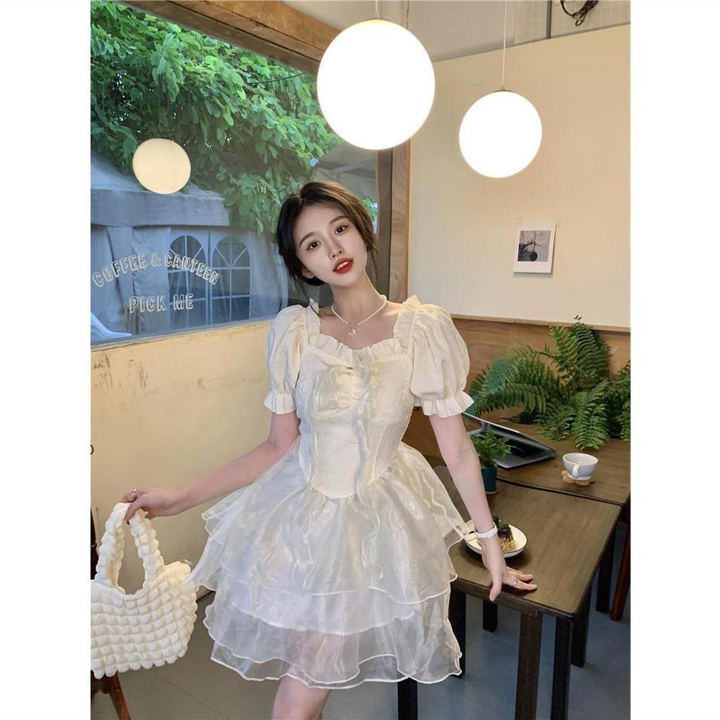 Summer princess sweet and spicy style dress women's youth sweet three-layer gauze skirt girl fluffy cake skirt bow